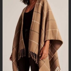 NWT, Abercrombie & Fitch Plaid Fringe Oversized Shawl Knit Cardigan in Tan, OS